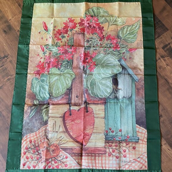 Floral Heart Birdhouse Signed D Knott Spring Decorative House Garden Flag Banner - Picture 1 of 7